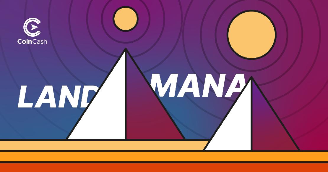 Decentraland, mana és a projet logója, a piramisok a virtuális térben.